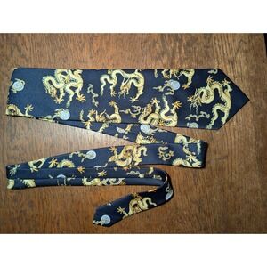 Kailong Necktie Mens OS Navy Gold Excellent 100% Silk Hand Made Dragon Print Tie